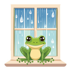 Happy Frog on a Sill Watching the Rain