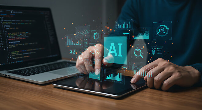 Person using a tablet and laptop with ai interface and data analytics, representing artificial intelligence in business and technology