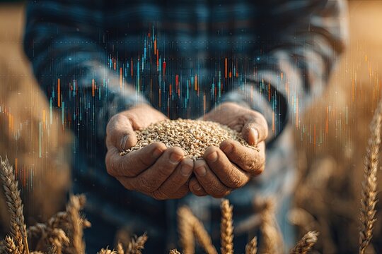 Farmer holds wheat grains with stock market graphs overlayed