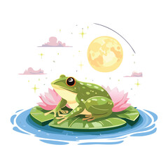 Cute Green Frog on a Lily Pad with Another Frog