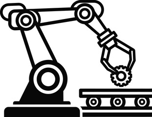 Illustration of an industrial robot arm working a conveyor belt, , showcasing automation, manufacturing, and modern technology