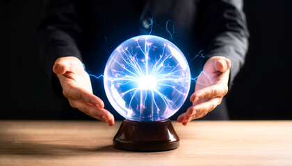 A person in dark clothing holds their hands around a glowing plasma ball on a wooden table, with electric arcs radiating toward the glass surface.