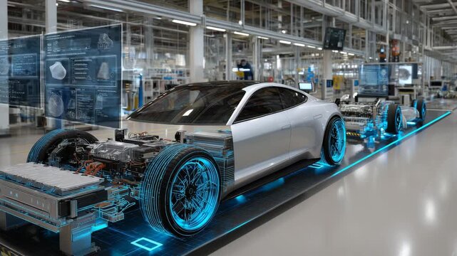 Modern electric vehicle assembly line with battery packs and rare earth mineral icons overlay, supply chain clean factory environment, electric blue accents