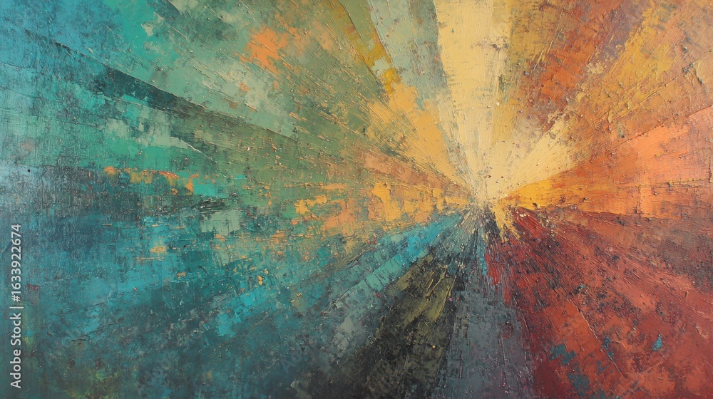 Poster bright colors merge and radiate outward, creating a dynamic abstract composition that evokes energy 
