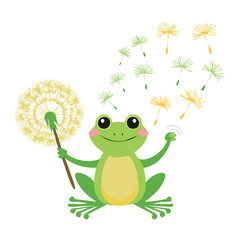 Happy Frogs with Dandelion on White Background