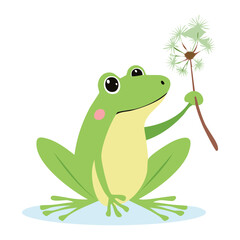 Smiling Green Frog Holding a Dandelion Flower with Seeds