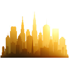 Obraz premium Golden yellow city skyline with tall skyscrapers at sunset isolated on transparent background