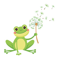 Cute Frog Blowing Dandelion with Floating Seeds Vector