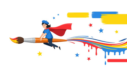 Whimsical Artist Riding A Paintbrush With Colorful Creativity In The Air