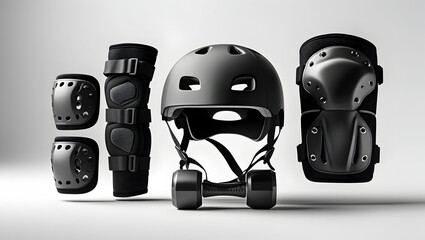 Sport Equipment Roller skate helmet and protective knee pads displayed in minimalist product layout isolated on white background(2)