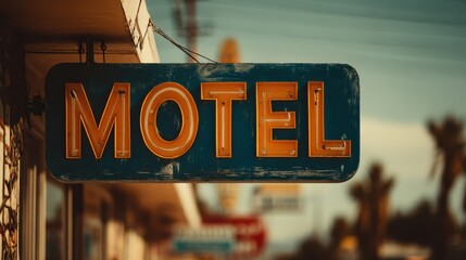 A vintage motel sign with bold letters, set against a blurred background, evokes a sense of nostalgia and travel.