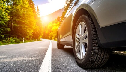 A silver car drives on a winding road through a sunlit forest