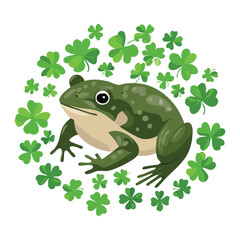 Green Frog Surrounded by Four-Leaf Clovers Circular Frame