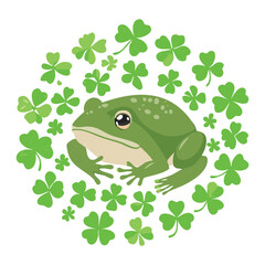 Green Frog Head and Clovers on Circular Pattern Background