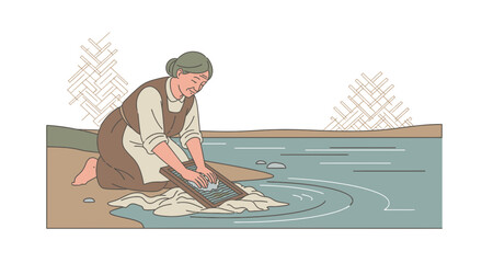 Vintage Woman Doing Laundry At Riverside In Harmony With Nature Peaceful Scene