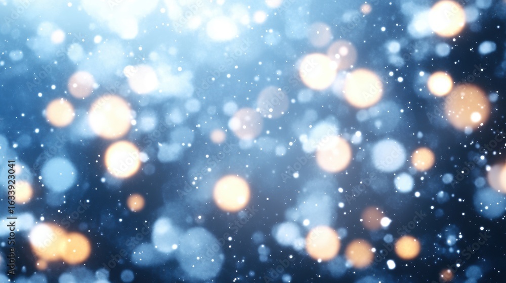 Poster snowflakes gently fall, creating a serene atmosphere while bokeh lights illuminate the scene, evokin
