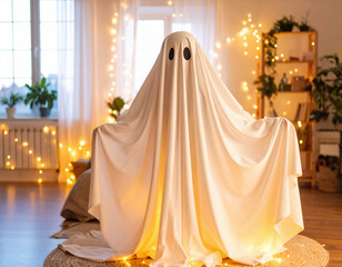 A person dressed as a ghost with a white sheet stands in a cozy, warmly lit bedroom decorated for the holidays.