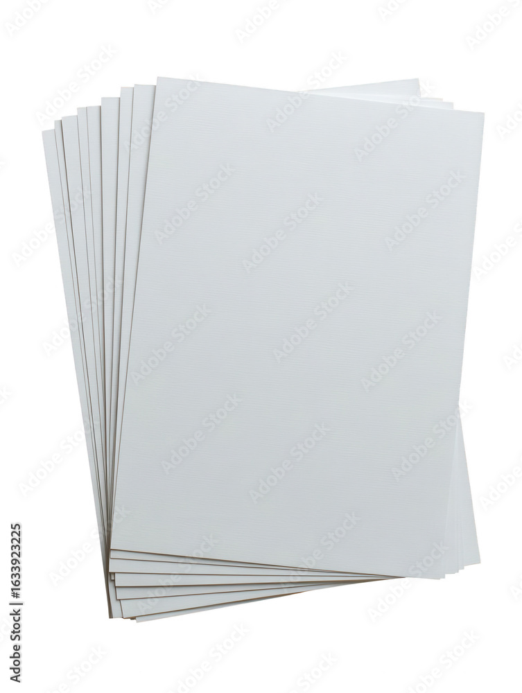 Poster stack of white textured paper sheets isolated on transparent background