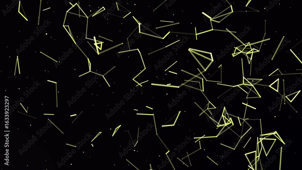 Poster yellow plexus cloudy flashy particle form. abstract glass fragment isolated with black background. b