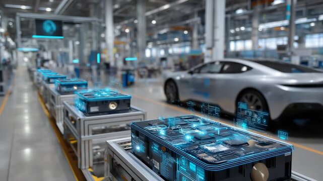 Modern electric vehicle assembly line with battery packs and rare earth mineral icons overlay, supply chain clean factory environment, electric blue accents