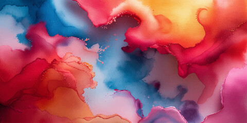 Vibrant Abstract Watercolor Ink Background in Red Blue and Orange Tones.