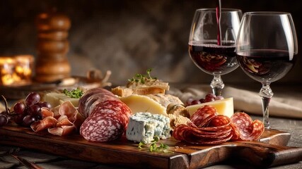 Romantic charcuterie board with salami, cheese, grapes, and red wine — a rich and elegant way to celebrate National Salami Day with taste and style.