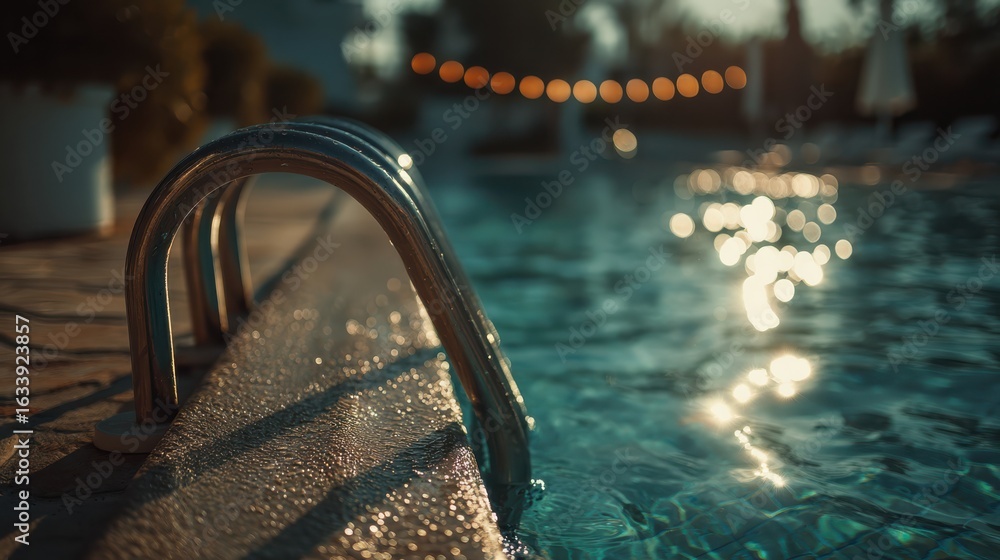 Poster a serene pool scene featuring a metallic ladder, shimmering water, and soft bokeh lights in the back