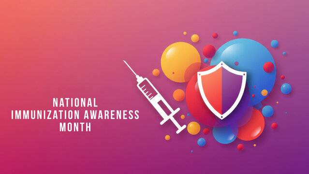 colorful design featuring syringe and shield with vibrant circles on gradient background. national immunization awareness month. health campaign, educational banner with text - Powered by Adobe