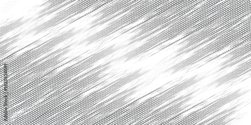 Poster grunge halftone stripes background with dynamic brush strokes and dotted texture.