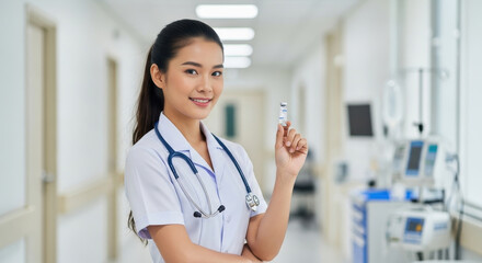 young asian female nurse holding vaccine vial in hospital corridor, smiling confidently. national immunization awareness month. healthcare, medical article, vaccination campaign.