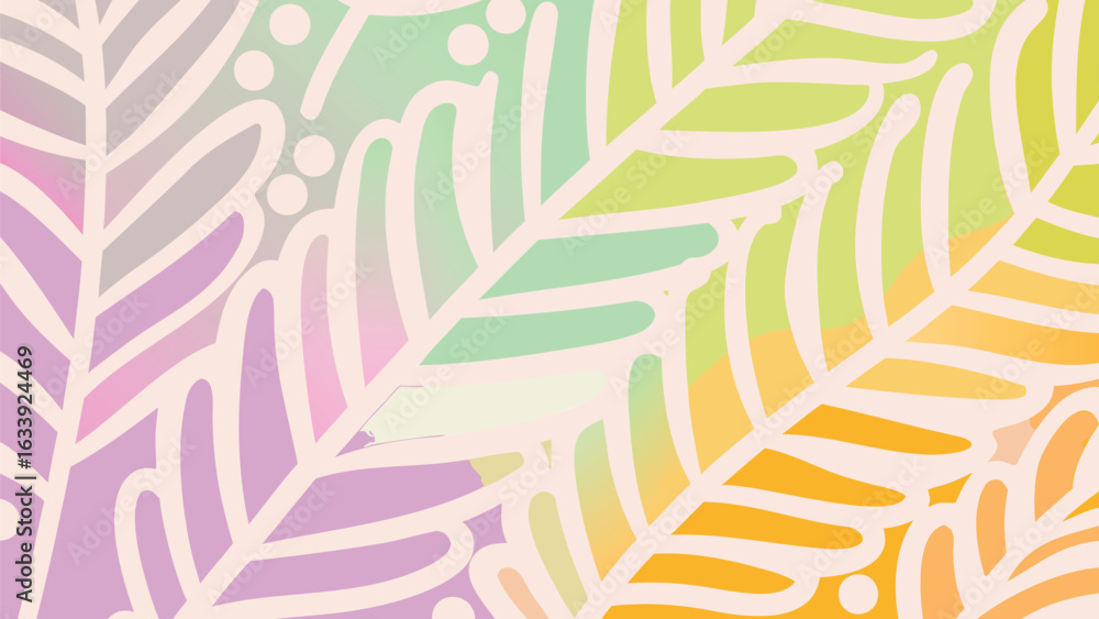 Poster pastel gradient background with stylized leaves and dots creating an abstract pattern design