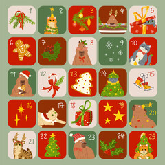 Advent calendar with Christmas decorations and Christmas cute characters. Funny animals, cats, capybaras, gifts, decorations, ornaments. Vector flat cartoon illustration for seasonal print design