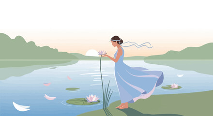 Woman Enjoying The Peace And Serenity Of Nature Holding Lotus Flower