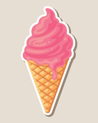 Delicious pink strawberry ice cream in a crispy cone
