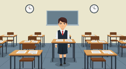 Worried Student Standing Before Examination In A Classroom Scene