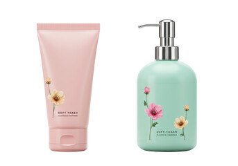 Isolated Set of Cosmetic Bottles: Pink Tube and Aqua Pump Dispenser with Floral Design