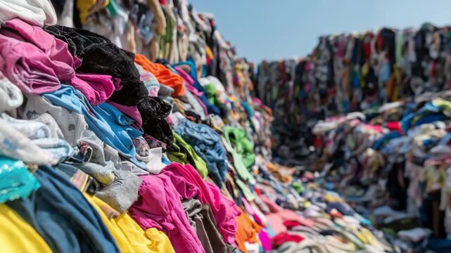 stack of clothing made of textile fabric for recycling. pollution from the apparel business. Reusing clothing and the idea of quick fashion