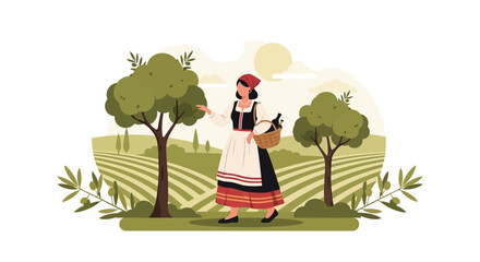 Fototapeta premium Woman Harvesting Olives On A Picturesque Farm Landscape At Sunset