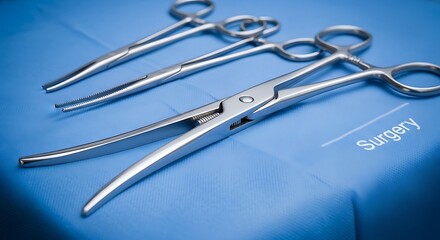 Surgical Instruments Set on Blue Medical Drape Ready for Procedure