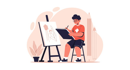 Fototapeta premium Young Artist Creating Masterpiece In His Atelier With Easel And Sketchpad