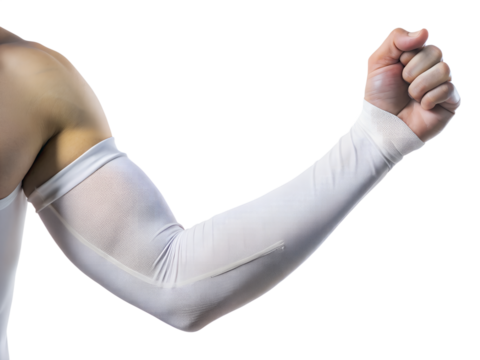 Arm compression sleeve for muscle support and recovery, isolated on transparent background