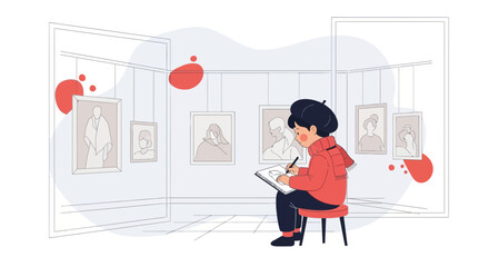 Young Artist Sketching Portraits In An Art Gallery During His Spare Time