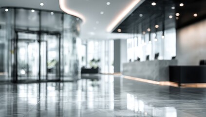 Modern, blurred office lobby with glass doors and reception desk