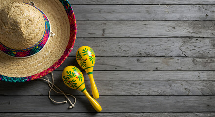 Fiesta Celebration: Sombrero, Maracas, Rustic Wood Background; Vibrant, Festive, Copy Space.