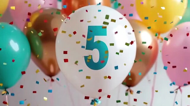 5th celebration with white balloon featuring blue number, colorful balloons in background, and scattered confetti in festive setup
