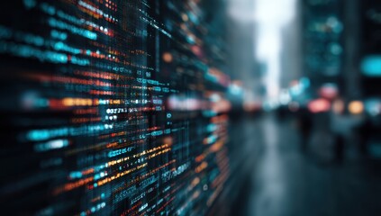 Naklejka premium Digital code wall with blurred city background