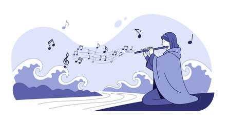 Naklejka premium Woman Playing Flute by the Sea With Notes Floating on the Wind