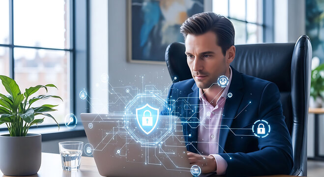 Businessman working on a laptop with digital security shield and lock icon overlay in modern office