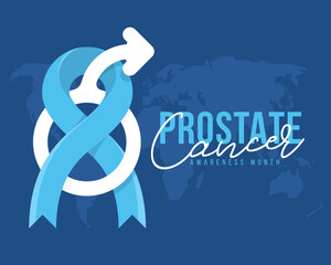Prostate cancer awareness month - Soft blue ribbon awareness cross white male sign with curved arrowhead on blud world map background vector design