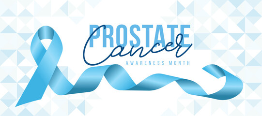 Prostate cancer awareness month - Text and soft blue ribbon awareness sign on light blue low poly texture background vector design